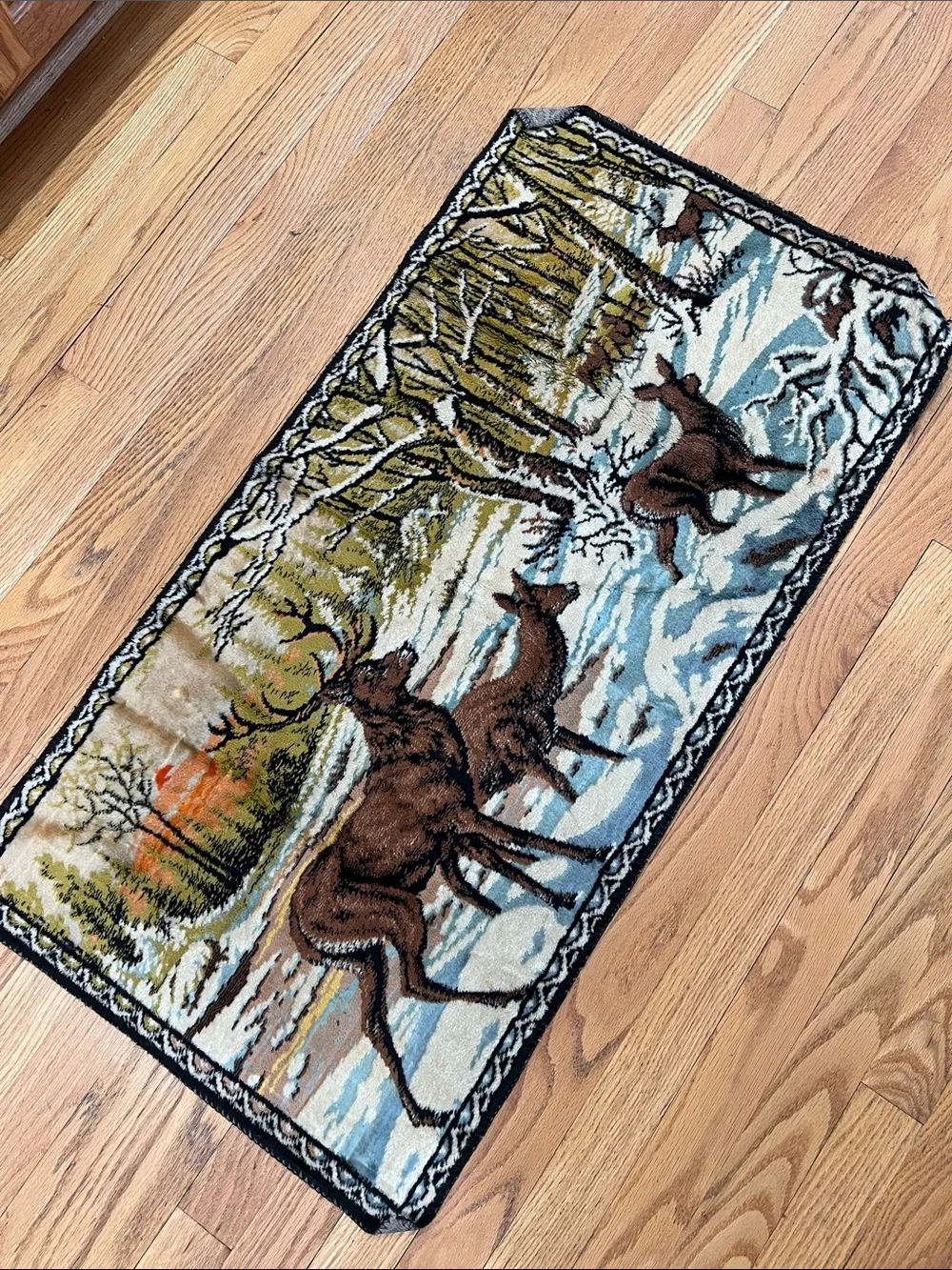Vtg Deer Snow Woods Scene Tapestry Wall Hanging Table Runner 38.5x19.75 Cabin